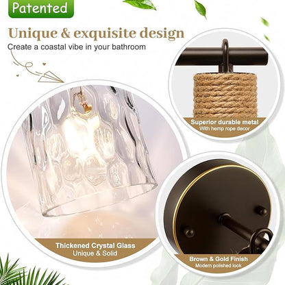 Set of 2 Wall Sconces for Bathroom, Coastal Modern Vanity Lights with Clear Glass Shade, Brown and Gold Bathroom Wall Lamp for Mirror Kitchen Living Room Hallway Cabinet Porch