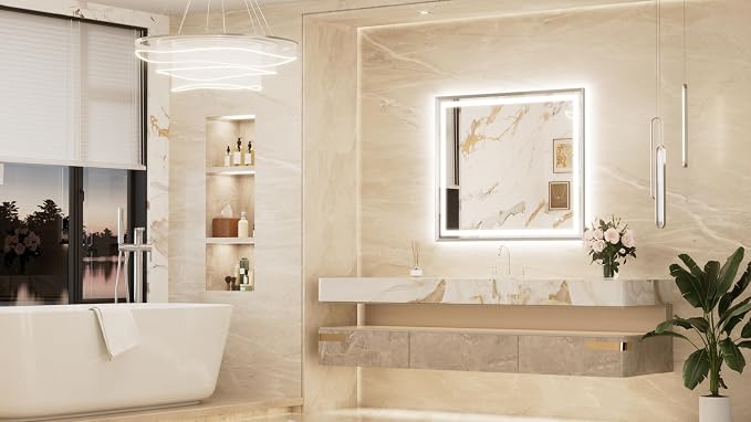 Keonjinn 42x36 Inch Nickel LED Bathroom Mirror with Lights, Beveled Edge | Frontlit & Backlit, Lighted Bathroom Mirror, HD Tempered Glass, 3 Color Temperatures, Anti-fog, Stepless Dimmable