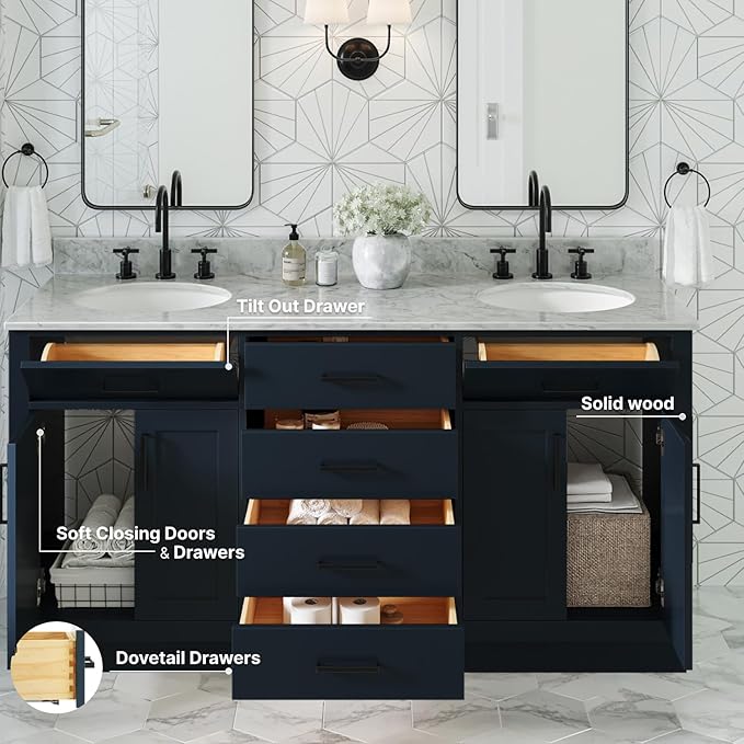 ARIEL Hepburn 66-inch Bathroom Vanity with Sink,Solid Wood, 0.75-inch Italian Carrara Marble Countertop, Double Oval Porcelain Sink, 4 Soft Closing Doors, 6 Dovetail Drawers, Midnight Blue