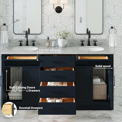 ARIEL Hepburn 66-inch Bathroom Vanity with Sink,Solid Wood, 0.75-inch Italian Carrara Marble Countertop, Double Oval Porcelain Sink, 4 Soft Closing Doors, 6 Dovetail Drawers, Midnight Blue