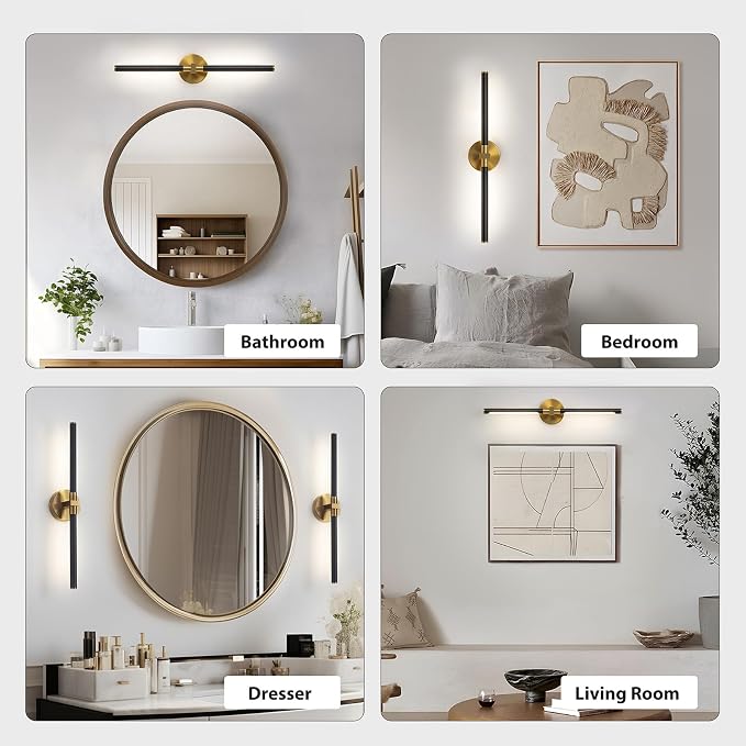 2026 Upgrade Vanity Lights, 24", Black and Gold Bathroom Light Fixture | 18W Brighter, 4000K, 360° Rotatable, CRI 90+, Brushed Gold Bathroom Vanity Light, LED Bathroom Lighting Fixtures over Mirror