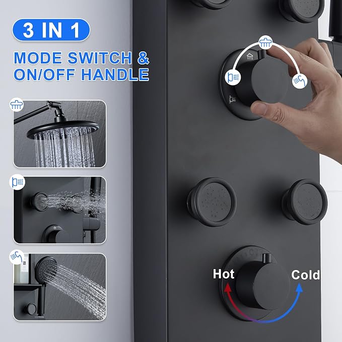 PF Shower Panel Tower Adjustable Shower Arm Height Rainfall Head System | Stainless Steel Shower Panel with Shelf and 6 Body Massage Jets Bathroom Black Shower Column Panels 5-Mode Handheld Shower