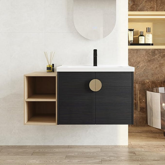SSLine Modern 40" Floating Bathroom Vanity with Ceramic Sink Wall Mounted Bathroom Vanity with Top Basin &Storage Cabinet&Side Open Shelf Elegant Wood Vanity Sink Cabinet for Small Space(Black Gold)