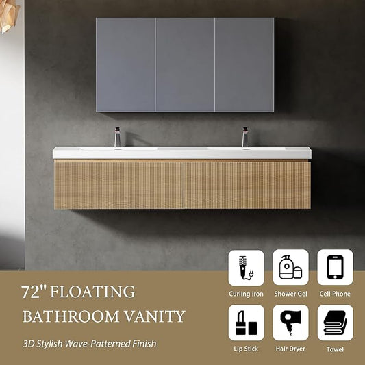 72" Floating Bathroom Vanity with Double Sinks, Wall-Mounted Striped Oak Cabinet, Soft-Close Drawer, Glossy White Basins & Natural Oak Finish - Elegant Large Bathroom Storage Solution