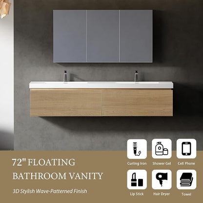 72" Floating Bathroom Vanity with Double Sink, Wall-Mounted Modern Oak Storage Cabinet, Wave-Textured Soft-Close Drawer & Glossy White Solid Surface Basin, Natural Oak