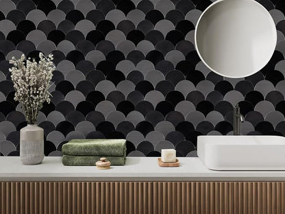 Fish Scale Black Peel and Stick Backsplash Tile, Fan Mosaic Self Adhesive Wall Tiles for Kitchen Bathroom-12 Sheet