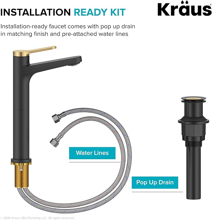 KRAUS Indy Bathroom Faucet for Vessel Sink in Spot-Free Brushed Brass/Matte Black with Single Handle, Pop Up Drain and Supply Lines, KVF-1410SFBBMB