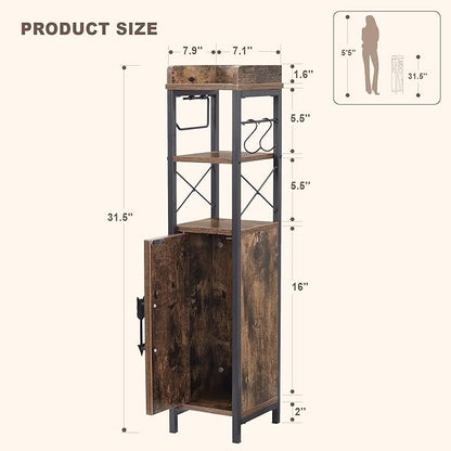 VECELO Small Bathroom Cabinet, Slim Toilet Paper Holder with Door&2 Shelves Metal Racks, Narrow Storage Organizers, Free Standing Farmhouse Style for Bathroom Restroom Tiny Space,Dark Brown