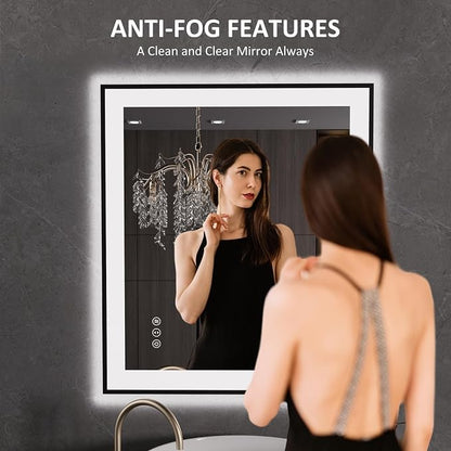 LOAAO 28"X32" LED Bathroom Mirror Black Framed | Anti-Fog, Dimmable, Memory Function, Tempered Glass, Lighted Vanity Mirror for Wall
