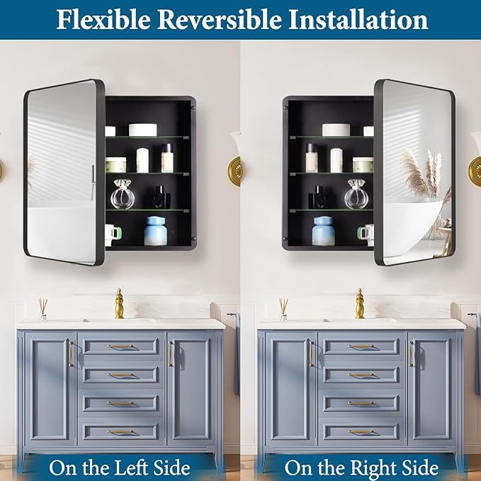 24’’x24’’ Medicine Cabinet,Metal Framed Medicine Cabinet Mirror with Round Corner,Recessed and Surface Mount Bathroom Mirror with Storage, Removeable Shelves,Dark Gray Frame