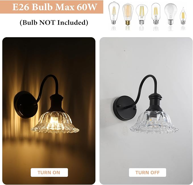 Bathroom Vanity Lights 2 Pack, Black Wall Sconce with Pressed Patterned Glass Lampshade, Farmhouse Wall Light Fixtures for Bathroom, Bedroom, Living Room, Entryway