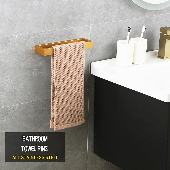 GERZWY Gold Stainless Steel Towel Holder Towel Hanger Towel Ring for Bathroom Lavatory Wall Mount Contemporary Style
