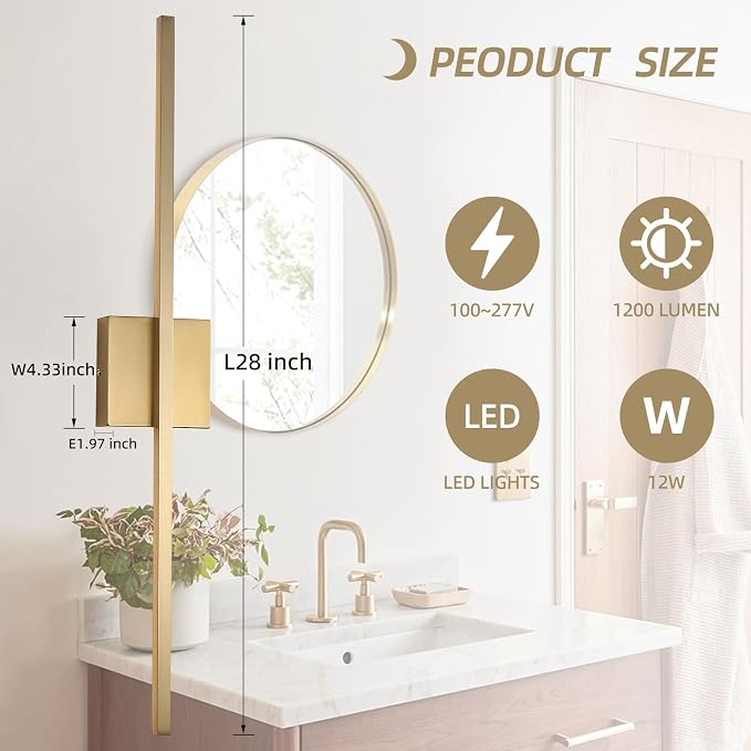 Gold Wall Sconces Set of Two LED Hardwired Dimmable Bedroom | Wall Sconce,Gold Wall Sconce for Bathroom, Living Room, Bedroom, Hardwired 3000K 28 Inch (2 Pack)