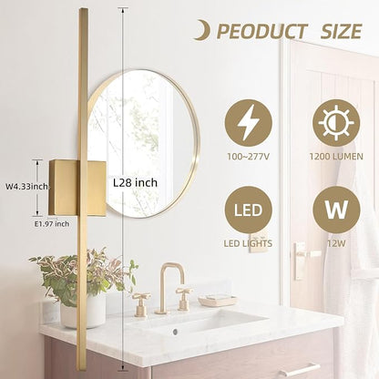 Gold Wall Sconces Set of Two LED Hardwired Dimmable Bedroom | Wall Sconce,Gold Wall Sconce for Bathroom, Living Room, Bedroom, Hardwired 3000K 28 Inch (2 Pack)