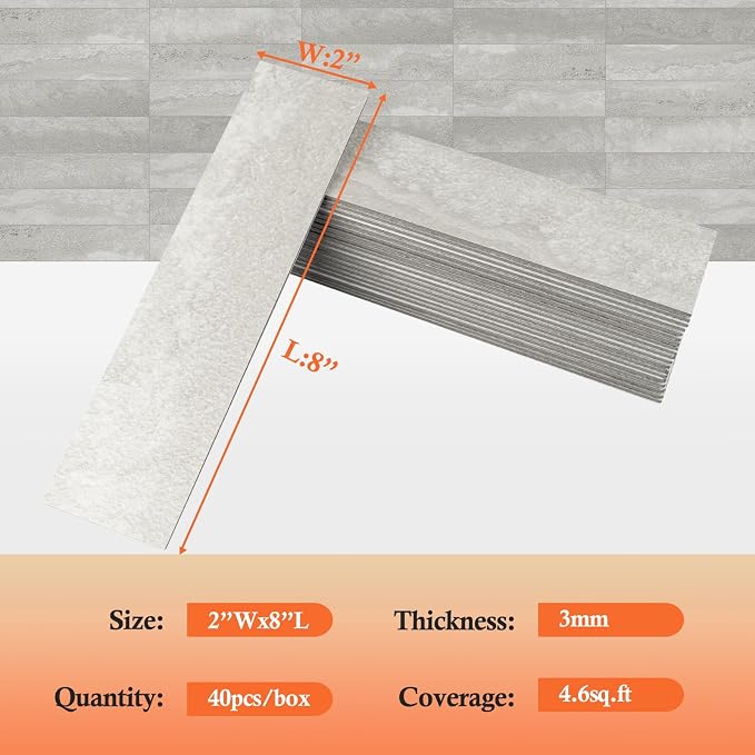 4-Piece Light Gray Stone Peel and Stick Backsplash Tile, 2"x 8" PVC Subway Tiles, Stick on Backsplash for Kitchen/Bathroom/Fireplace