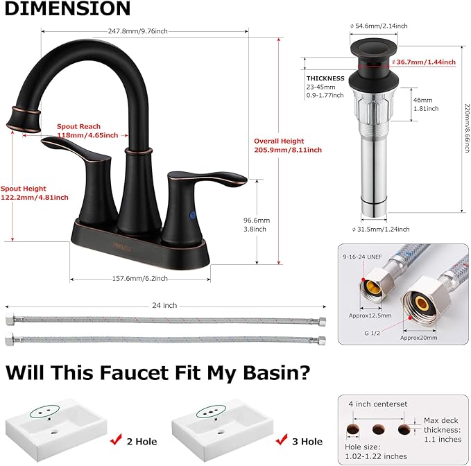 PARLOS 2-Handle Bathroom Sink Faucet High Arc Swivel Spout with Metal Drain Assembly and Faucet Supply Lines, Oil Rubbed Bronze, Demeter 13628