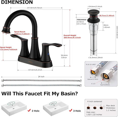 PARLOS 2-Handle Bathroom Sink Faucet High Arc Swivel Spout with Metal Drain Assembly and Faucet Supply Lines, Oil Rubbed Bronze, Demeter 13628