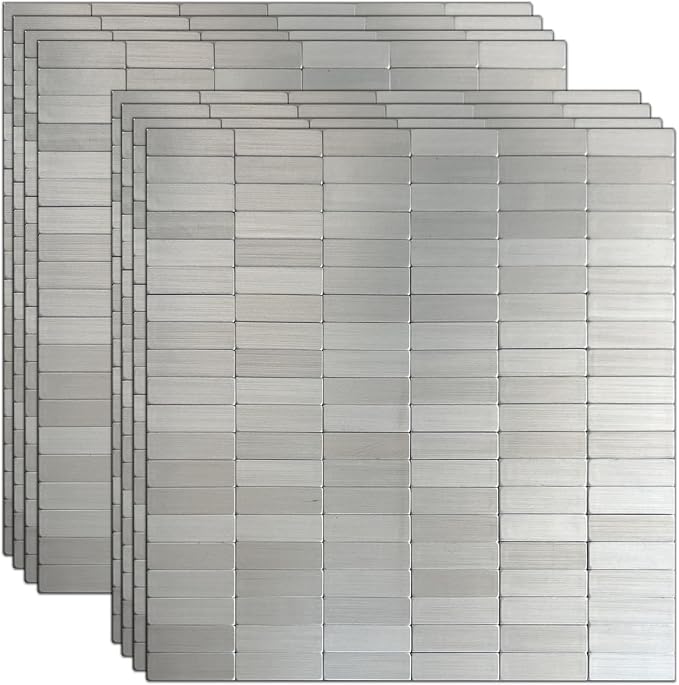 XUANINY Peel and Stick Tile Backsplash Wall Tiles, Stainless Steel, 8-Pack | Self-Adhesive, Easy to Install, Aluminum Mosaic Sticker, For Kitchen, 11.33"x11.92" Per Sheet