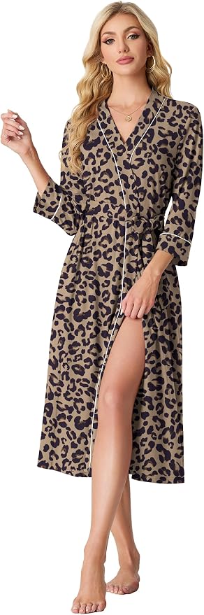 PrinStory Robes for Women 3/4 Sleeve Long Bath Robe XS-4XL | V-Neck Knit Bathrobe with Pockets, Lightweight, Soft, Breathable Robes for Shower, Spa, Travel, Home, Party, Nursing