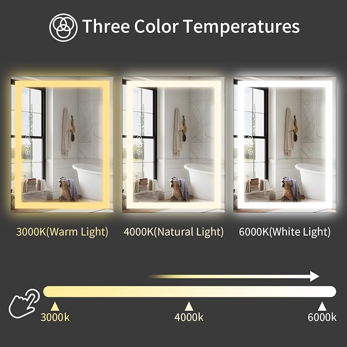 Koonmi 72x32 LED Bathroom Mirror with Light, Anti-Fog, 3 Colors | Backlit + Front Lit, Dimmable Brightness, Shatterproof HD Distortion-Free Tempered Glass, Hardware Included