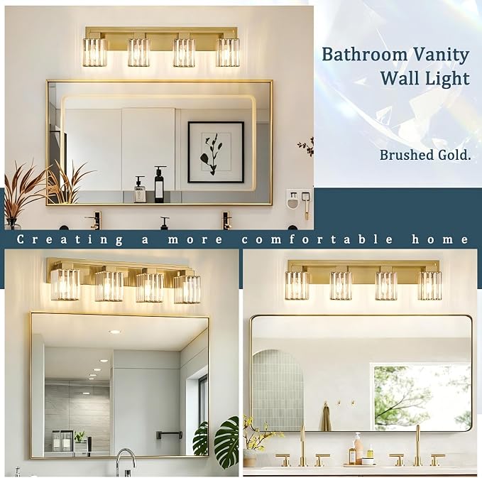 Brushed Gold Bathroom Light Fixtures, 3-Light Vanity Light Over Mirror | Wall Sconces with Square Crystal Shades, E26 Socket, Modern Vanity Lights for Bathroom (Bulbs Not Included)