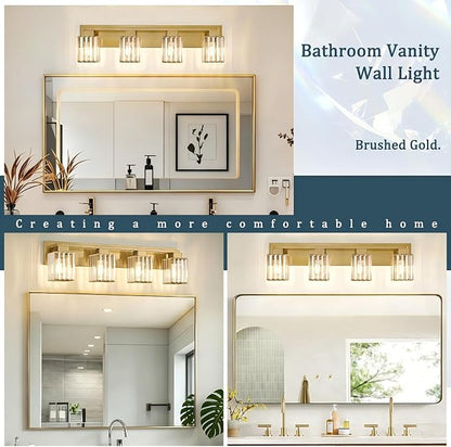 Brushed Gold Bathroom Light Fixtures, 3-Light Vanity Light Over Mirror | Wall Sconces with Square Crystal Shades, E26 Socket, Modern Vanity Lights for Bathroom (Bulbs Not Included)