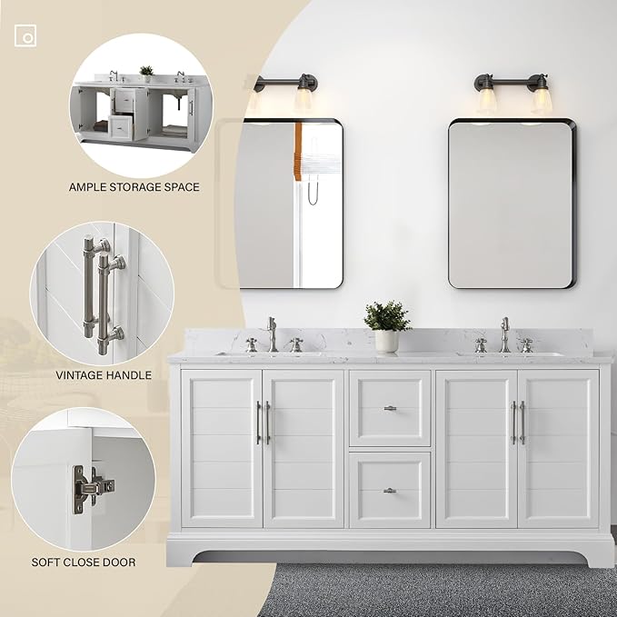 HOMEBEYOND 72 Inch Bathroom Vanity with Double Sink & Ceramic Top, Vanity Cabinet with Center Countertop Basin, Soft-Closing Doors, Backsplash, White