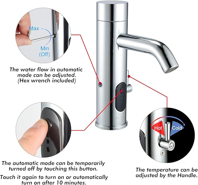 Manual and Automatic Faucet, Touchless Bathroom Faucet with One Temperature Control Rod, Chrome, TS-5303C