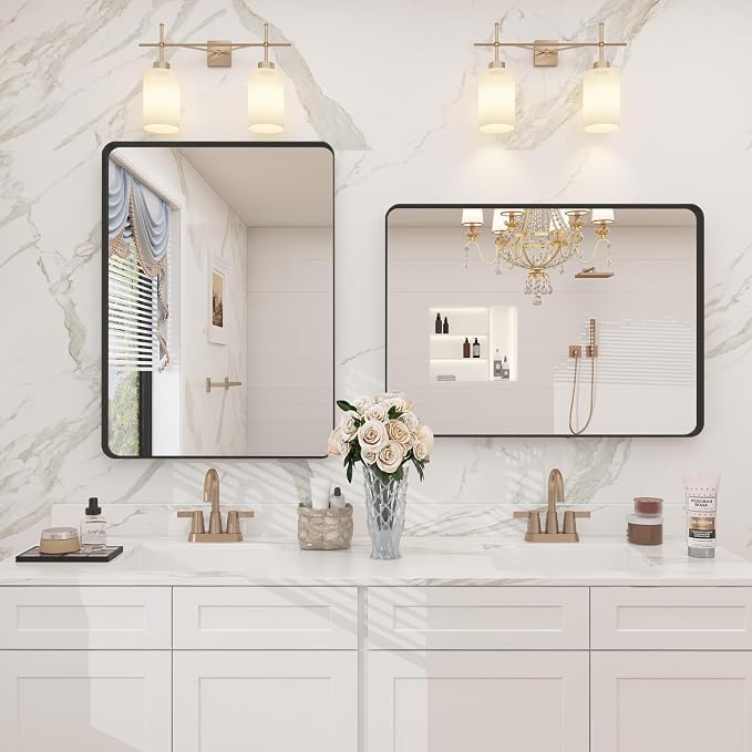 CHAMROR 20x30 Inch Black Metal Framed Bathrrom Mirror for Wall | Rounded Rectangle, Matte Black Bathroom Vanity Mirror, Anti-Rust, Tempered Glass, Hangs Horizontally or Vertically