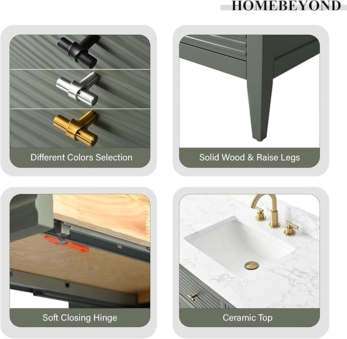 HOMEBEYOND 42" Bathroom Vanity with Sink, Solid Wood Bathroom Vanity Free-Standing Cabinet, Drawers, Ceramic Top & Soft Closing Door, Golden Brushed Handware, Vintage Green