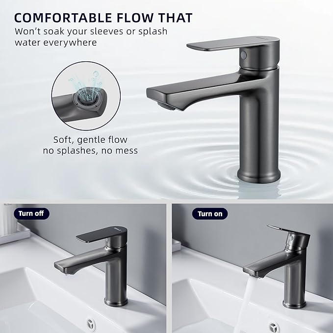 BELZ Brushed Grey Bathroom Faucet, Modern Single Handle One Hole Bath Vanity Sink Faucet for 1 Hole