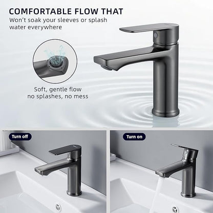 BELZ Brushed Grey Bathroom Faucet, Modern Single Handle One Hole Bath Vanity Sink Faucet for 1 Hole