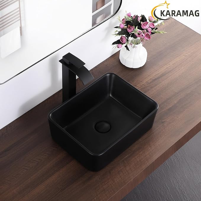 Black Vessel Sink Rectangle 16"x12" Bathroom Sink Rectangular Modern Above Counter 16 Inch Small Bathroom Sinks Matte Black Porcelain Ceramic Vessel Vanity Sink Art Basin