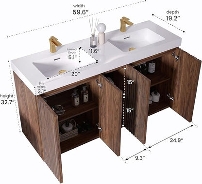60" Double Bathroom Vanity with Sink Combo, Mid Century Modern Bathroom Cabinet with Doors & Shelves, Glossy White Integrated Sink with Overflow, Walnut