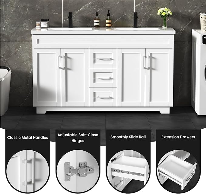 60 Inch Bathroom Vanity with Sink,Modern Solid Wood Bathroom Storage Vanity w/Undermount Double Sink, Quick Assemble Cabinet w/Soft Closing Doors & Full Extension Drawers,White