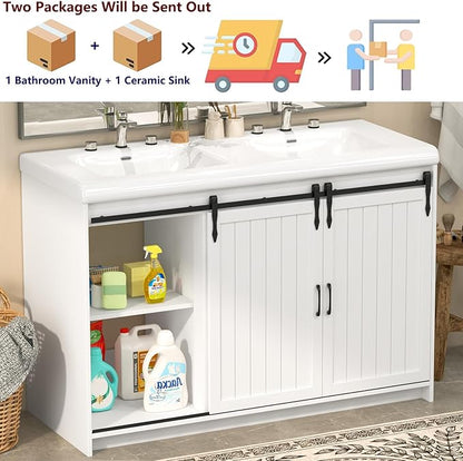 48" White Farmhouse Bathroom Vanity Double Sink, Freestanding Storage Vanity with 2 Barn Sliding Doors, 2 Drawers & 4 Shelves (Actual 47.3" L x 19.7" W x 35.5" H)