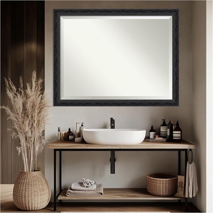 Amanti Art Black Bathroom Mirror for Over Sink, 34x44 Filigree Gloss Black Rectangle Vanity Mirror, X-Large Traditional Frame, Hangs Horizonally and Vertically, Bathroom Wall Decor, Beveled Edge