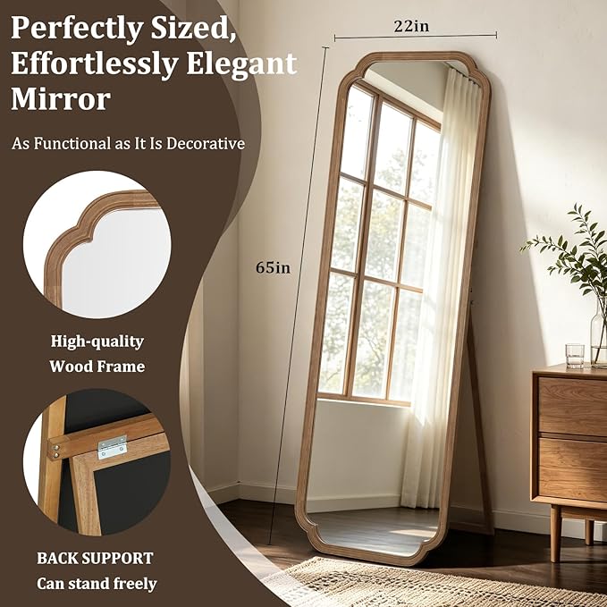Farmhouse Full Length Mirror with Stand 22x65 Inch, Wooden Frame Floor Mirror,for Bedroom, Entryway, Living Room(Natural)