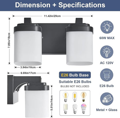 Vanity Lights, Small Bathroom Lamp Lighting Fixtures Over Mirror | 2-light black vanity lights for bathroom with milky white square glass shade, 10" modern farmhouse bathroom light fixtures