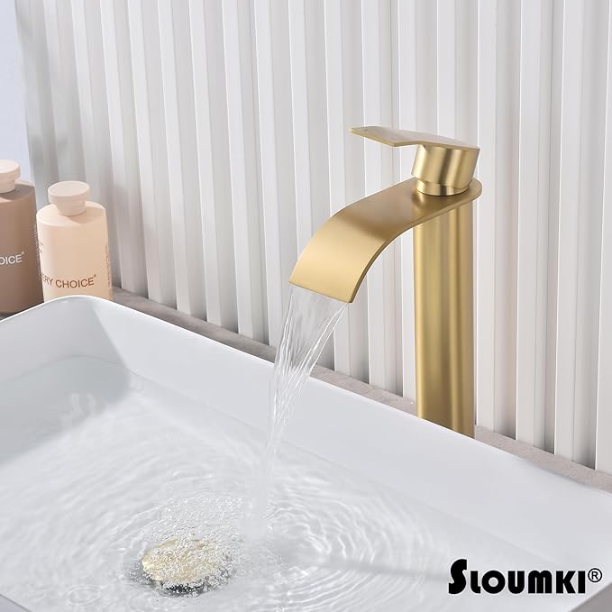 Brushed Gold Vessel Sink Faucet, High Bathroom Sink Faucet, High Waterfall Bathroom Faucet, Single Handle Basin Faucet, Come with Water Hose and Metal Pop Up Drain Without Overflow Hole