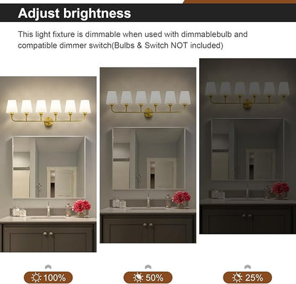 Bathroom Vanity Light, Brushed Gold Bathroom Light Fixtures, 6-Light Lighting Fixtures Over Mirror, Modern Wall Sconce with Flared White Fabric Shade, E26 Socket(ETL Listed)