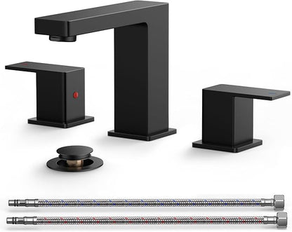 QFN Lead-Free Matte Black Bathroom Faucet 3 Hole, Square Bathroom Sink Faucet 8 Inch Widespread, 2 Handle for 6"-12" Vanity Sink with Metal Pop Up Drain and 24" cUPC Supply Hoses
