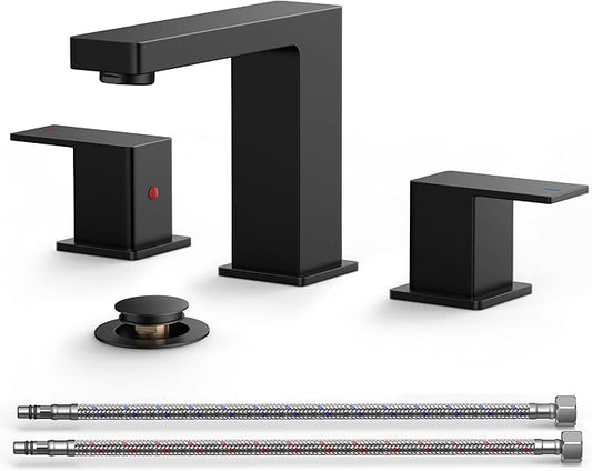 QFN Lead-Free Matte Black Bathroom Faucet 3 Hole, Square Bathroom Sink Faucet 8 Inch Widespread, 2 Handle for 6"-12" Vanity Sink with Metal Pop Up Drain and 24" cUPC Supply Hoses