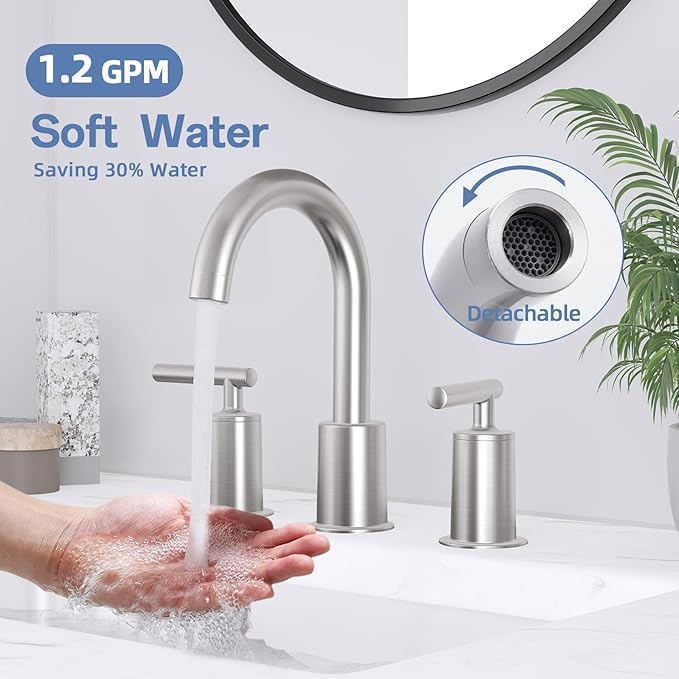VXV Brushed Nickel Bathroom Faucet 3 Hole Widespread with Easy Installation, 2-Handle 8 Inch Bathroom Sink Faucet 360° Swivel Spout, Pre-Attached Hoses & Drain Included, Vanity Faucet for Bath Sink