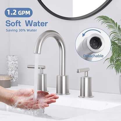 VXV Brushed Nickel Bathroom Faucet 3 Hole Widespread with Easy Installation, 2-Handle 8 Inch Bathroom Sink Faucet 360° Swivel Spout, Pre-Attached Hoses & Drain Included, Vanity Faucet for Bath Sink