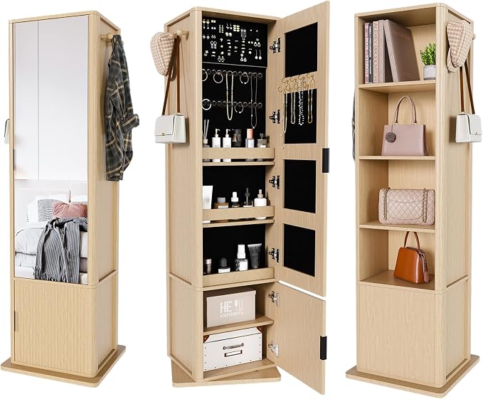 360° Rotating Jewelry Cabinet, 66.5" Standing Jewelry Armoire with Full-Length Mirror + Hidden Storage + 4-Tier Shelf + Coat Racks, Multi-Functional Jewelry Organizer for Bedroom, Entryway
