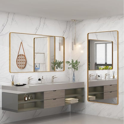 66x36 Inch Gold Bathroom Vanity Mirror | Brushed Metal Frame Gold Mirror, Rounded Rectangle Mirror for Wall, Shatterproof, Anti-Rust, Hangs Horizontally or Vertically