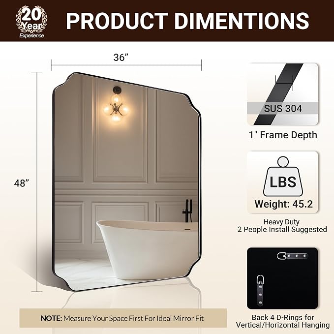 36x48 Inch Large Mirror, Matte Black Rectangle Mirror for Wall, Bathroom Mirror in Premium Stainless Steel Metal Thin Frame Deep 1’’, Unique Rounded Scalloped Edge, Vertically/Horizontally