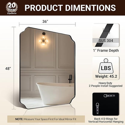 36x48 Inch Large Mirror, Matte Black Rectangle Mirror for Wall, Bathroom Mirror in Premium Stainless Steel Metal Thin Frame Deep 1’’, Unique Rounded Scalloped Edge, Vertically/Horizontally