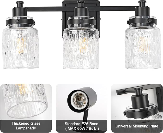 3 Light Bathroom Light Fixtures Farmhouse Black Vanity Lights | ETL Certificate, Easy to Install,Wall Mount Up or Down,Hammered Glass Lampshade,E26 Socket,Hardwired,120V